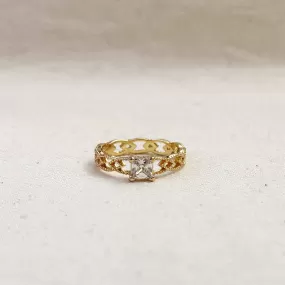 18k Gold Filled CZ Princess Cut With Vintage Detailed Band Ring