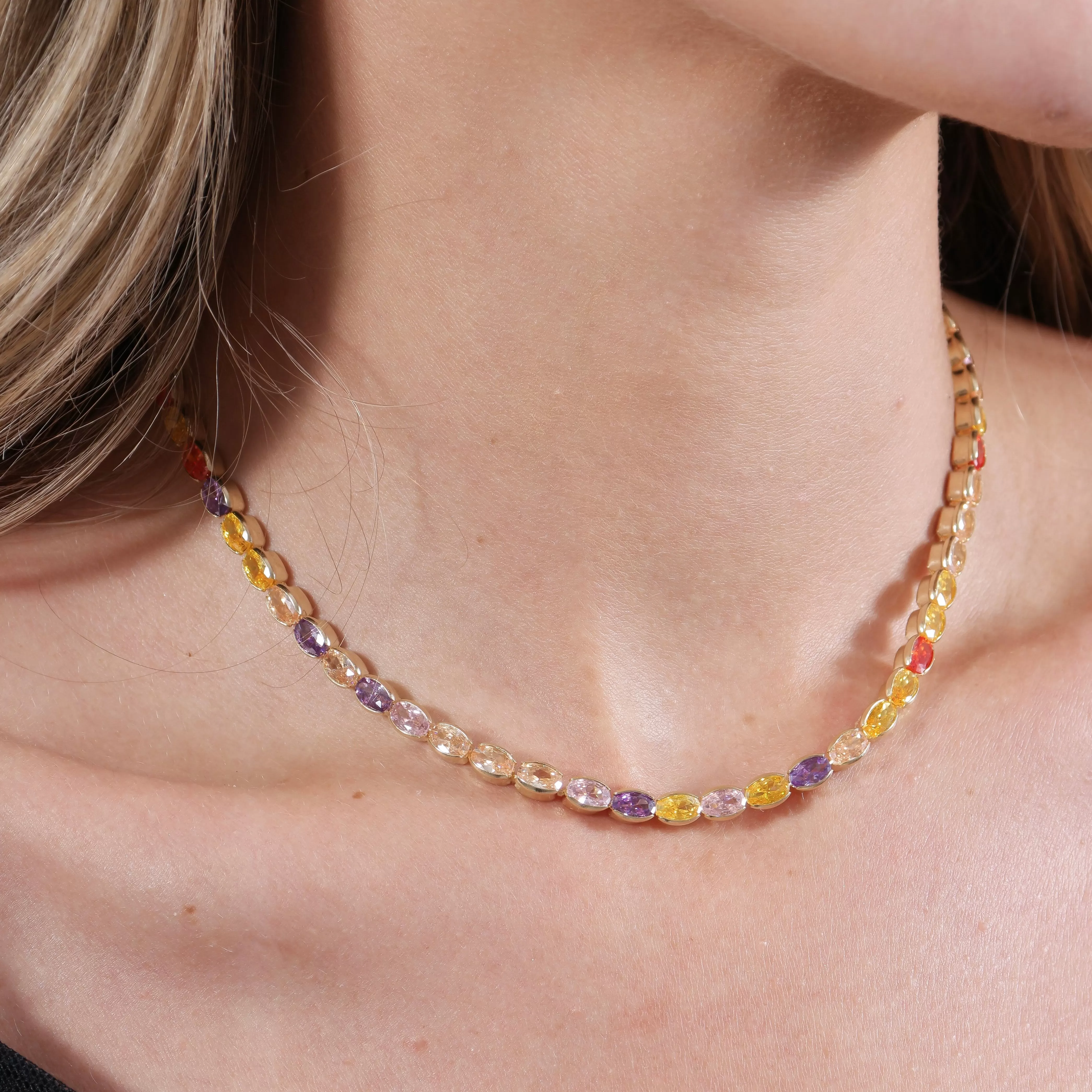 18k Gold Filled Oval Multi-Colored Cubic Zirconia Necklace