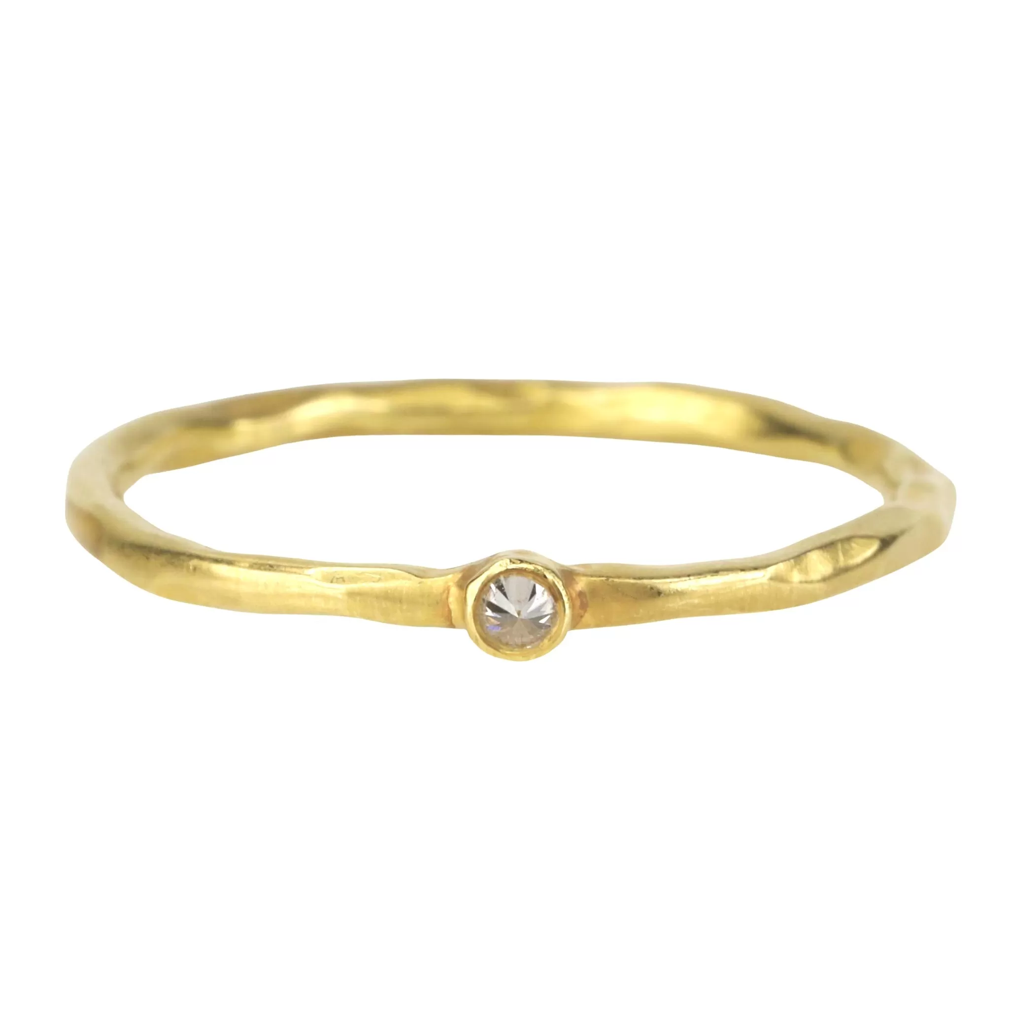 18K Gold Hammered Stacking Ring with Round Inverted White Diamond