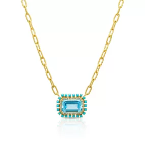 18KT Yellow Gold Blue Topaz Turquoise Diamond Portofino Chain Link Necklace