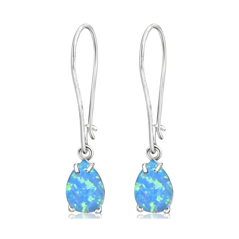 925 Silver Blue Opal Drop Earrings - October Birthstone, 7X10mm Vintage Gift