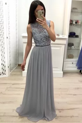 A Line Chiffon Long Prom Dresses Cheap Sleeveless Lace Appliques Bridesmaid Dresses