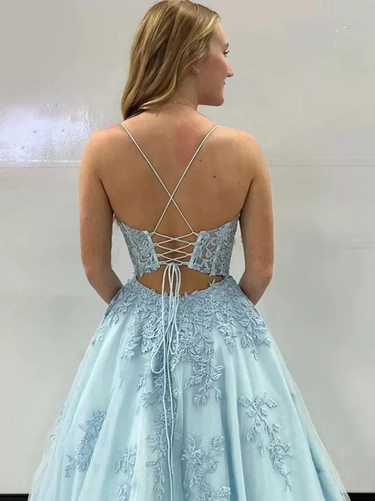 A Line Open Back Light Blue Lace Long Prom Dresses, Light Blue Backless Lace Formal Evening Dresses