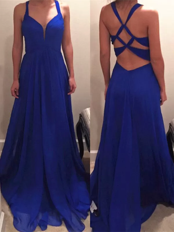 A Line Royal Blue Long Chiffon Prom Dress with Special Back, Royal Blue Bridesmaid Dress, Formal Dress