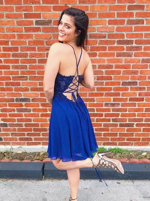 A Line V Neck Backless Beaded Lace Blue Short Prom Homecoming, Backless Lace Blue Formal Graduation Evening