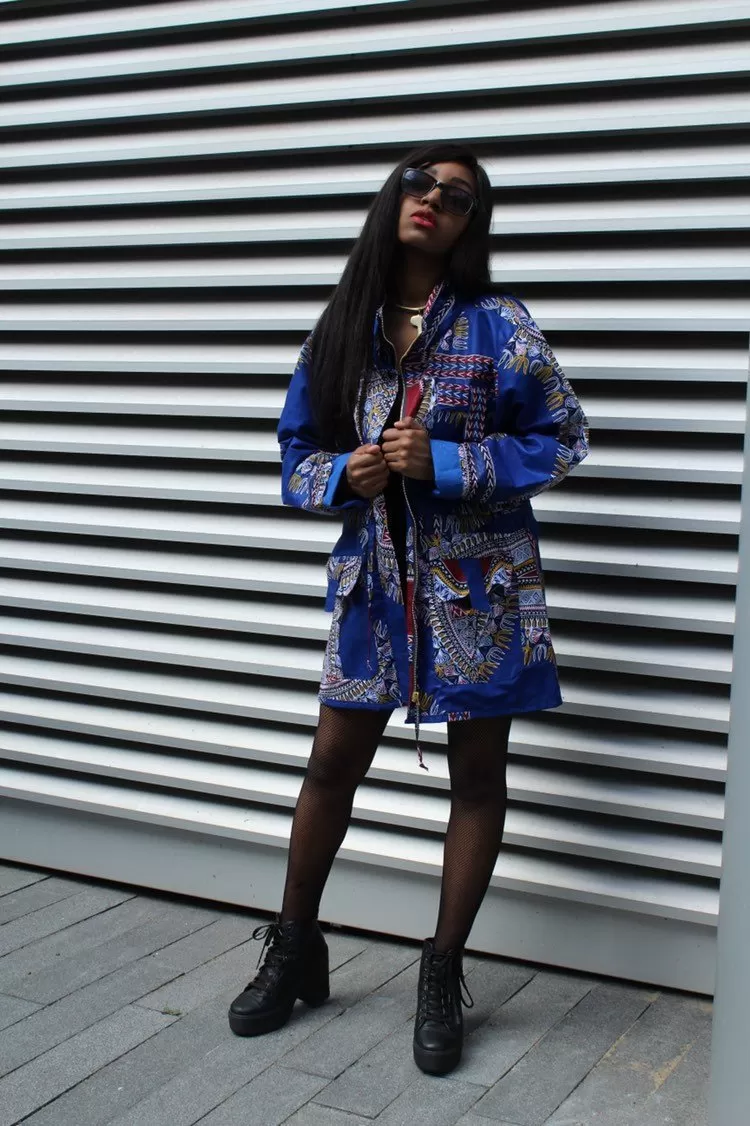 African Peacoat in Bue Dashiki