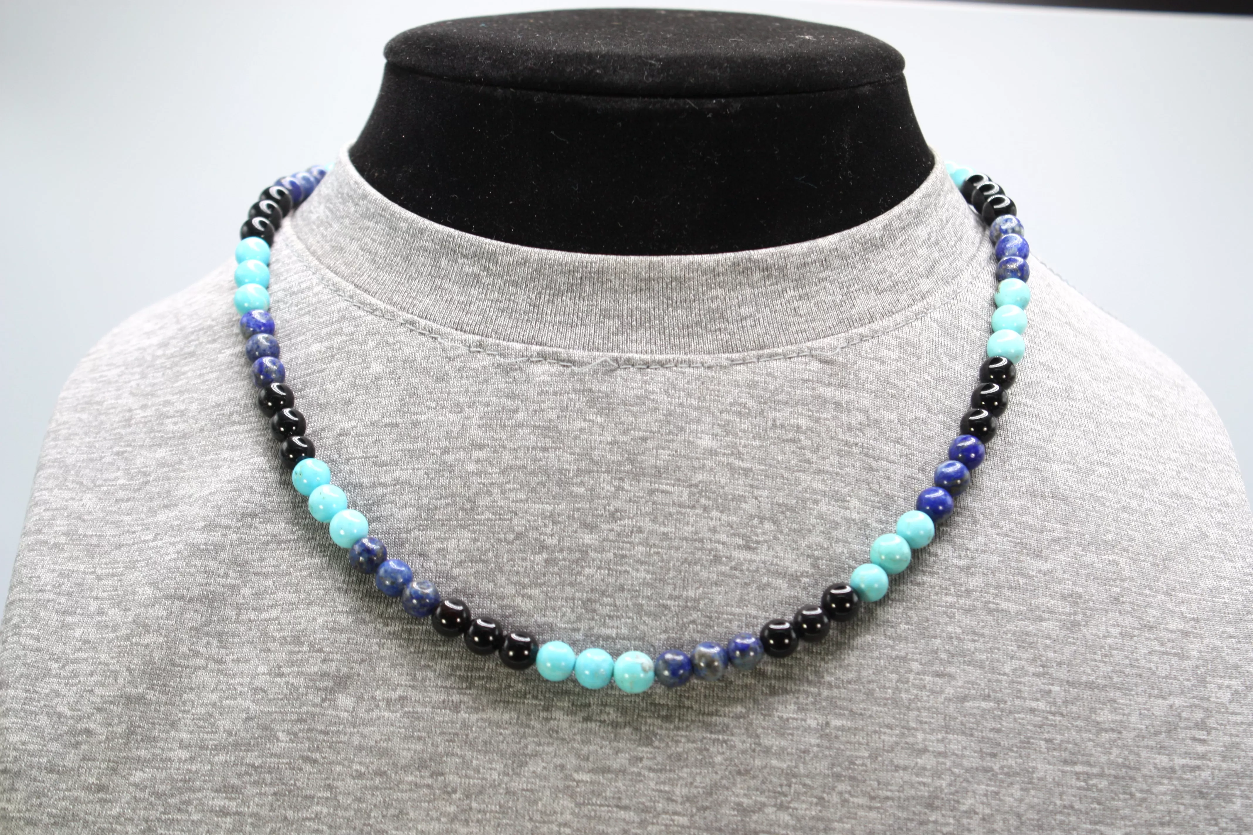 Amethyst Black Onyx Dark Blue Lapis Lazuli Light Blue Turquoise Necklace - For Man/Woman - 6mm Bead Diameter Necklace