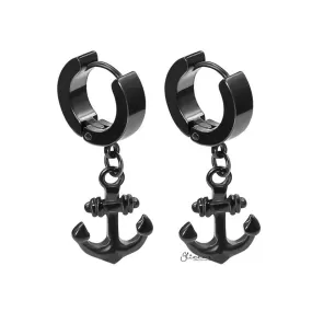 Anchor Dangle Huggie Hoop Earrings - Black