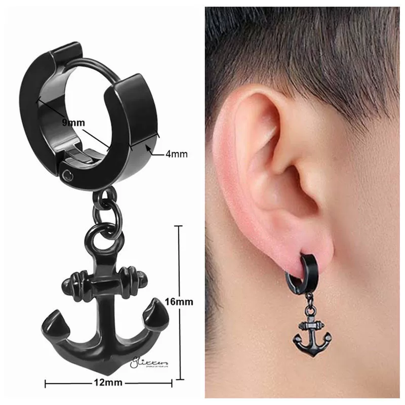 Anchor Dangle Huggie Hoop Earrings - Black