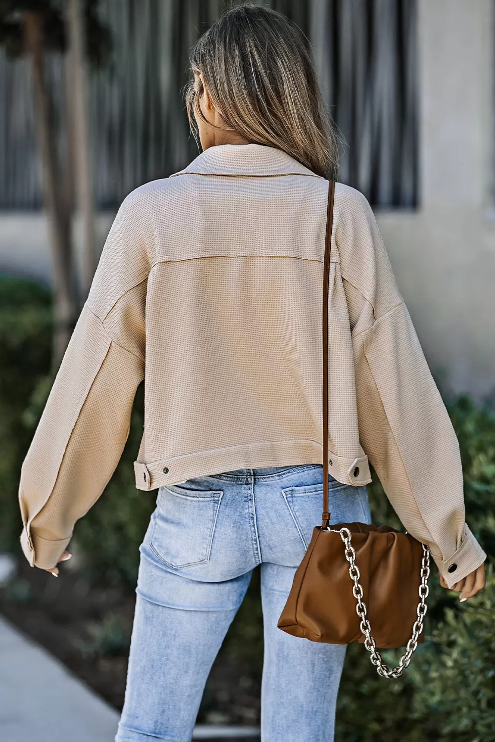 Beige Waffle Knit Buttons Cropped Jacket