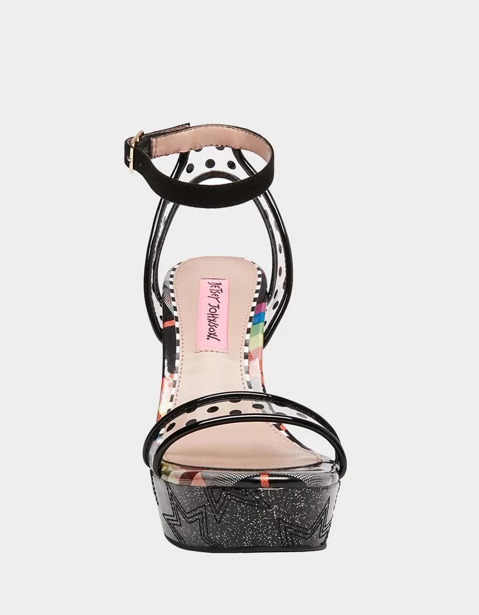 Betsey Johnson Charissa Clear Straps HIgh Platform Wedge Sandal Black Multi