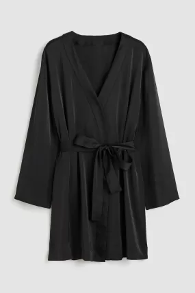 Black Japanese Satin Silk Bathrobe