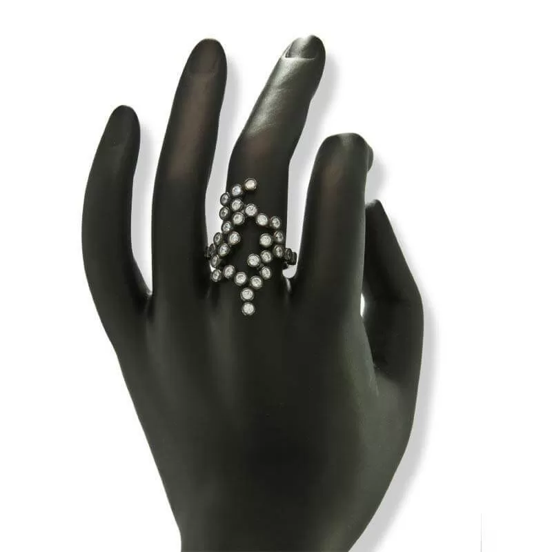 Black Plated Silver Long Ring With Clear Cubic Zirconia