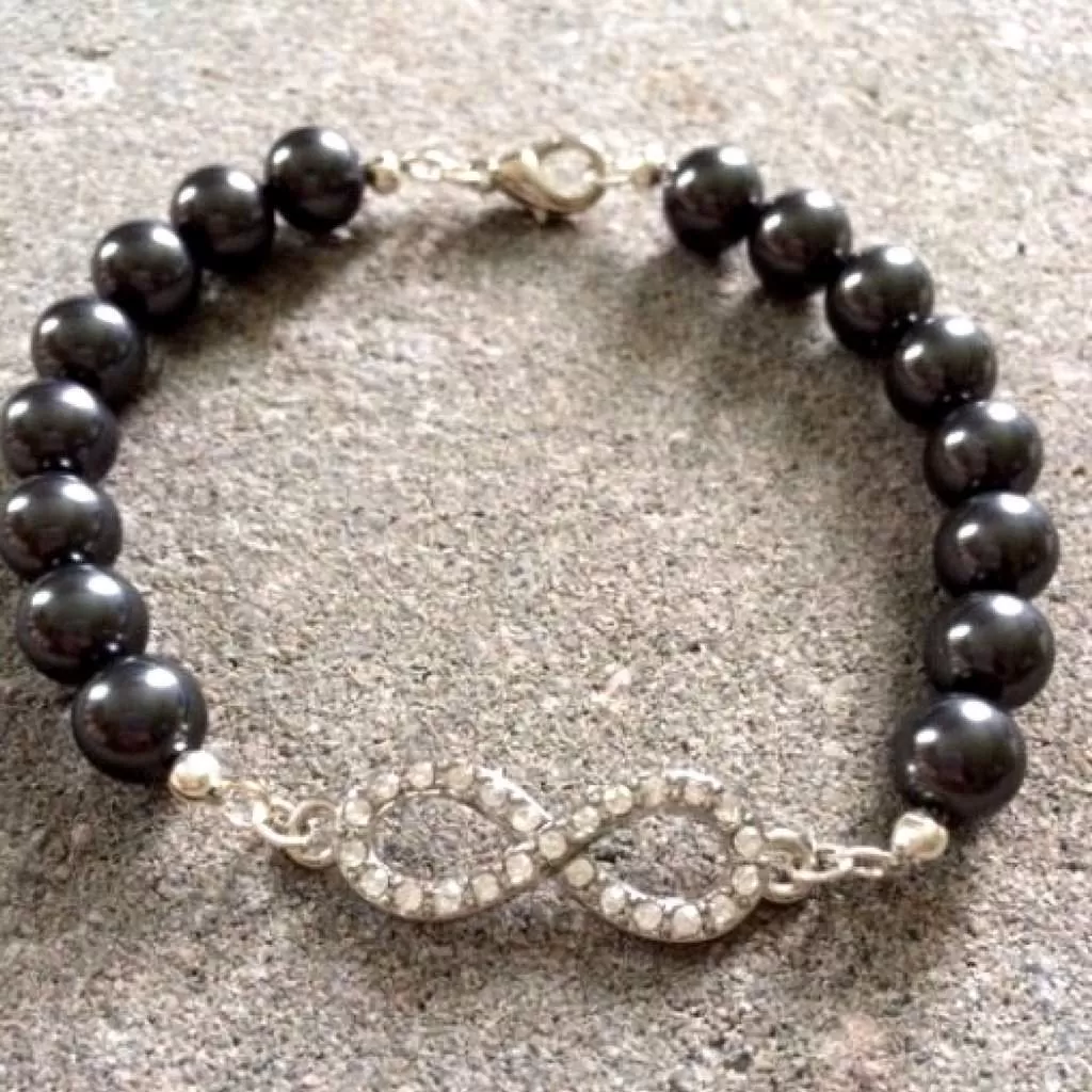 Black Swarovski Pearl Beaded Infinity Charm Bracelet