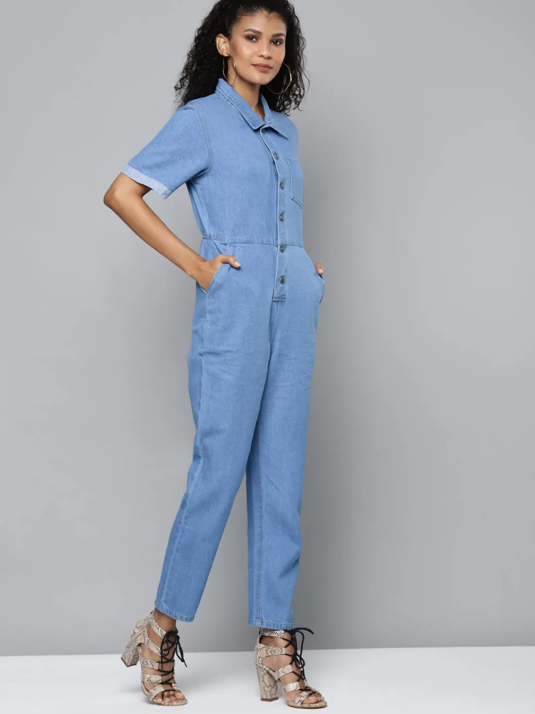 Blue Denim Belted Jumpsuit