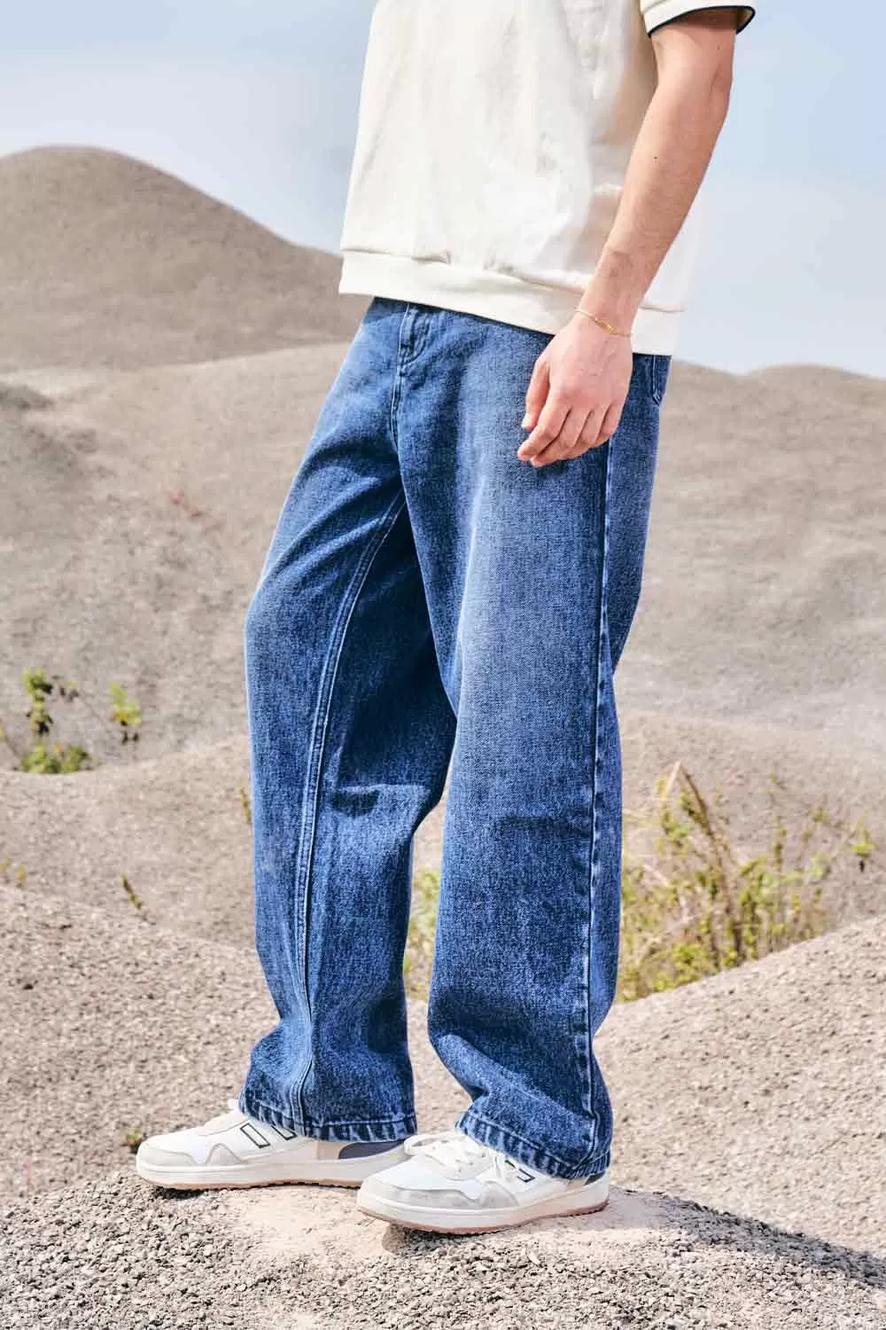 Blue Faded Wide Leg Jeans