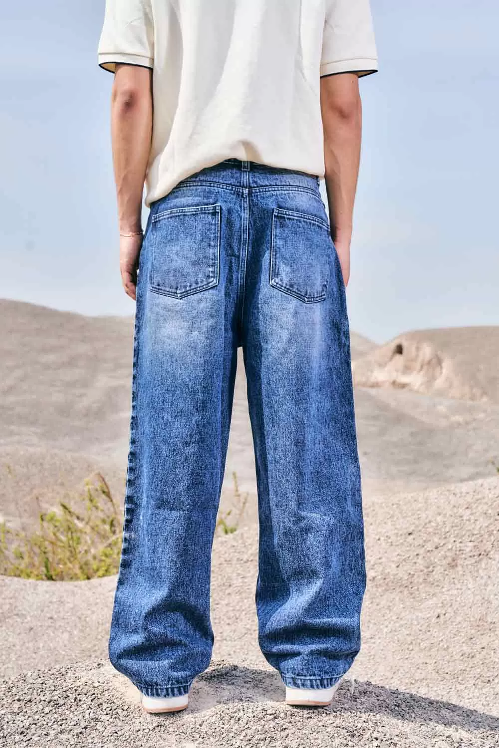 Blue Faded Wide Leg Jeans