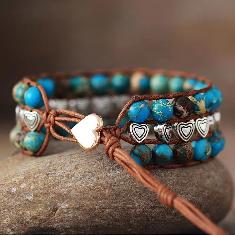 Blue Jasper & Heart Beads Cuff Bracelet