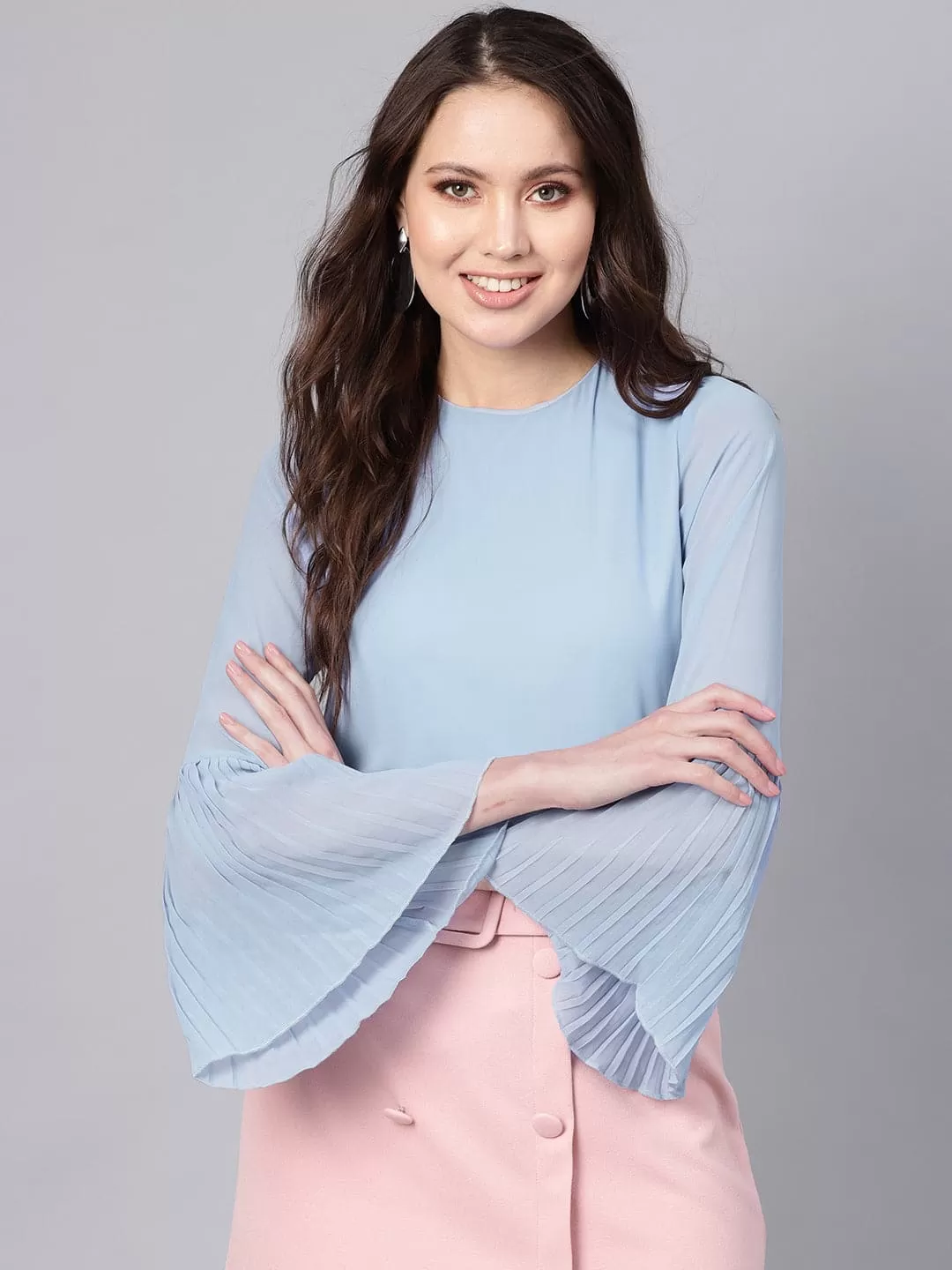 Blue Pleated Sleeve Frill Hem Top