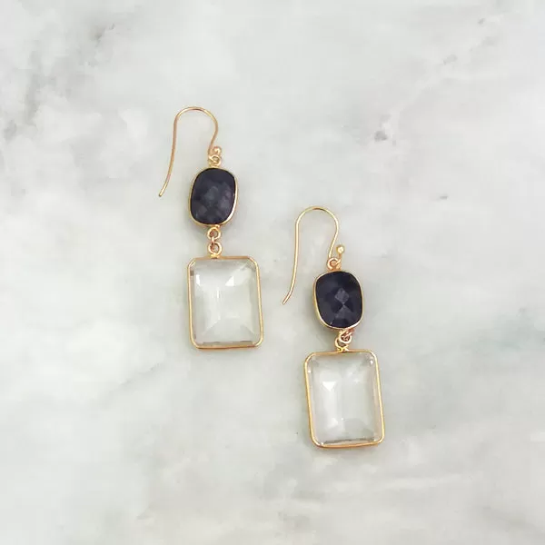 Blue Sapphire and Clear Quartz Double Drop Earrings