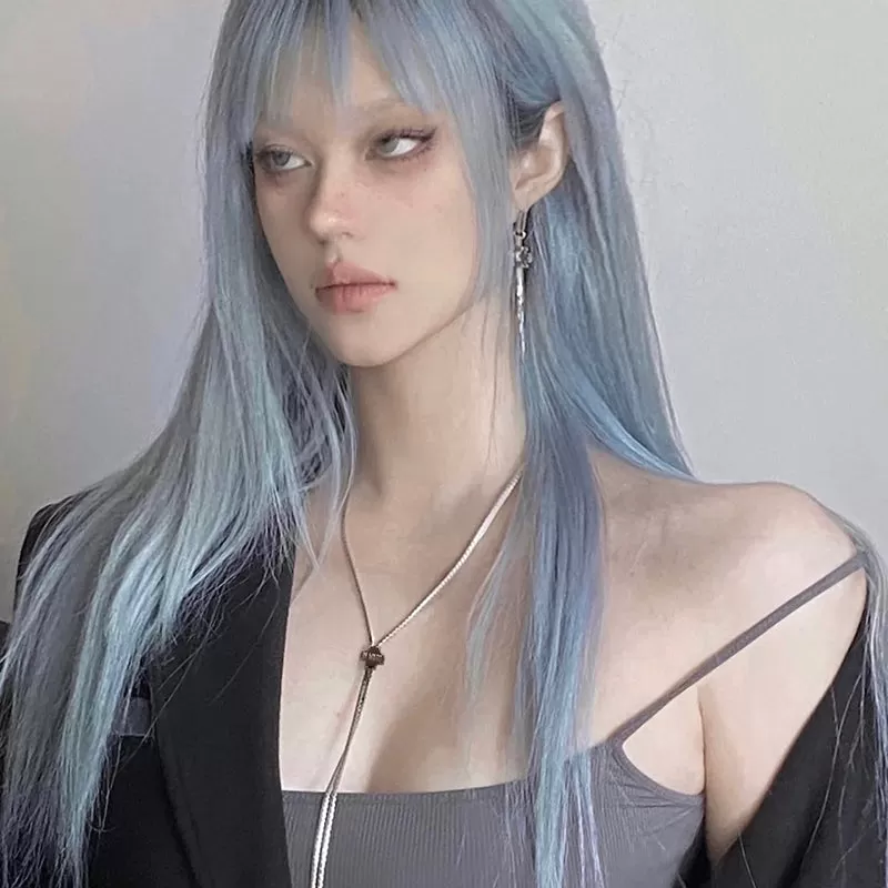 blue straight wig KF11012