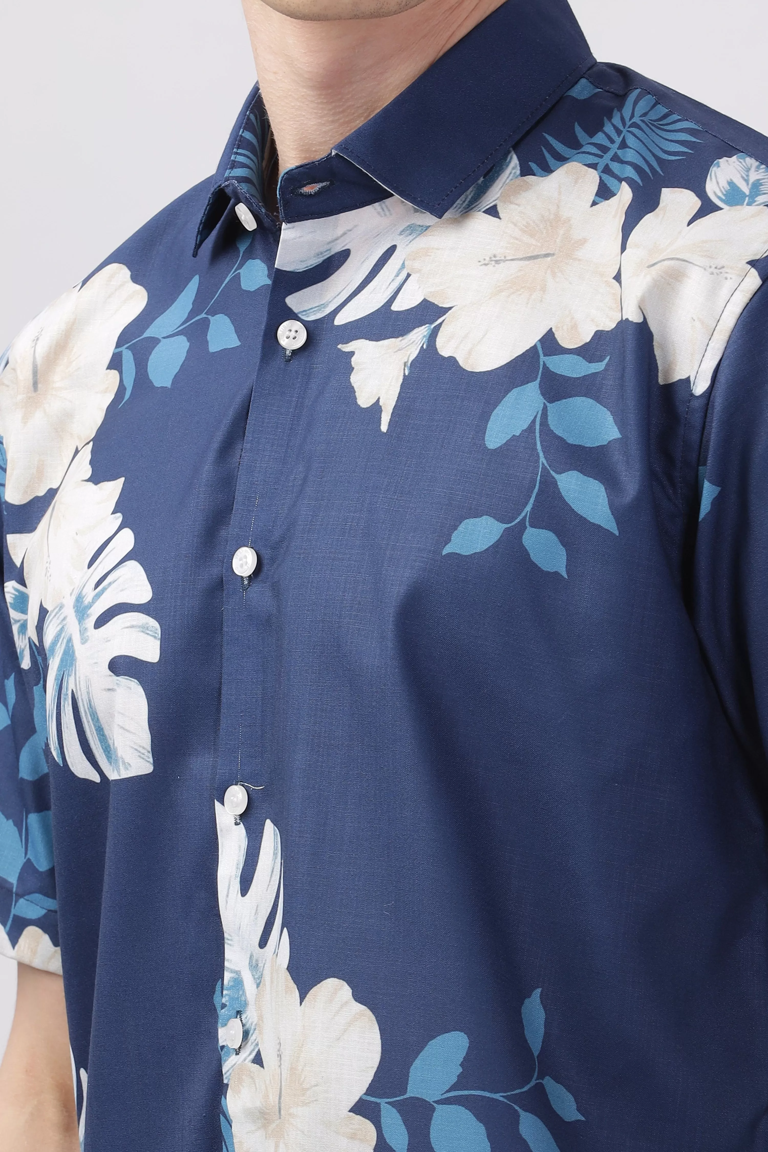 Blue with white leaves half sleeve printed shirt for men