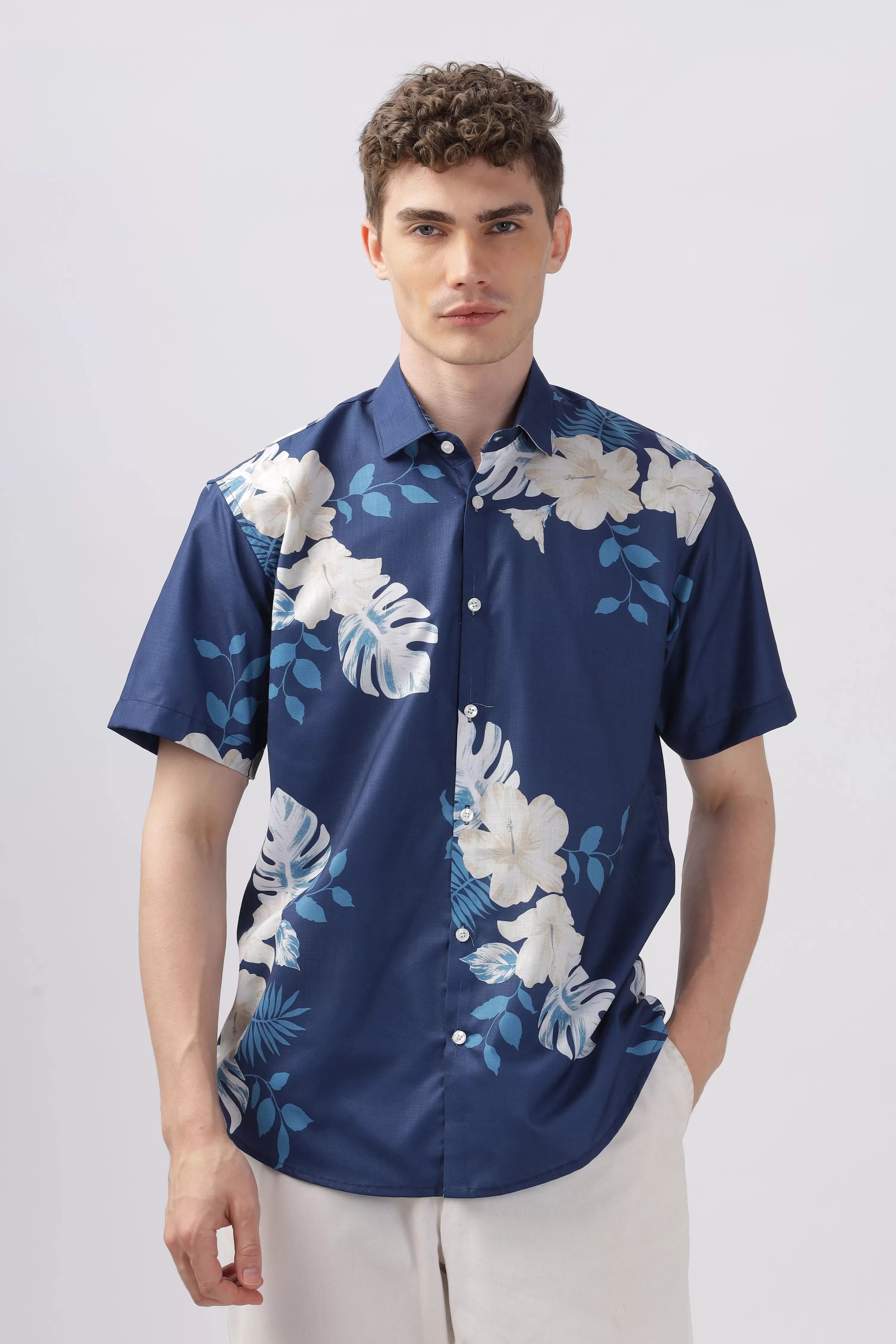 Blue with white leaves half sleeve printed shirt for men