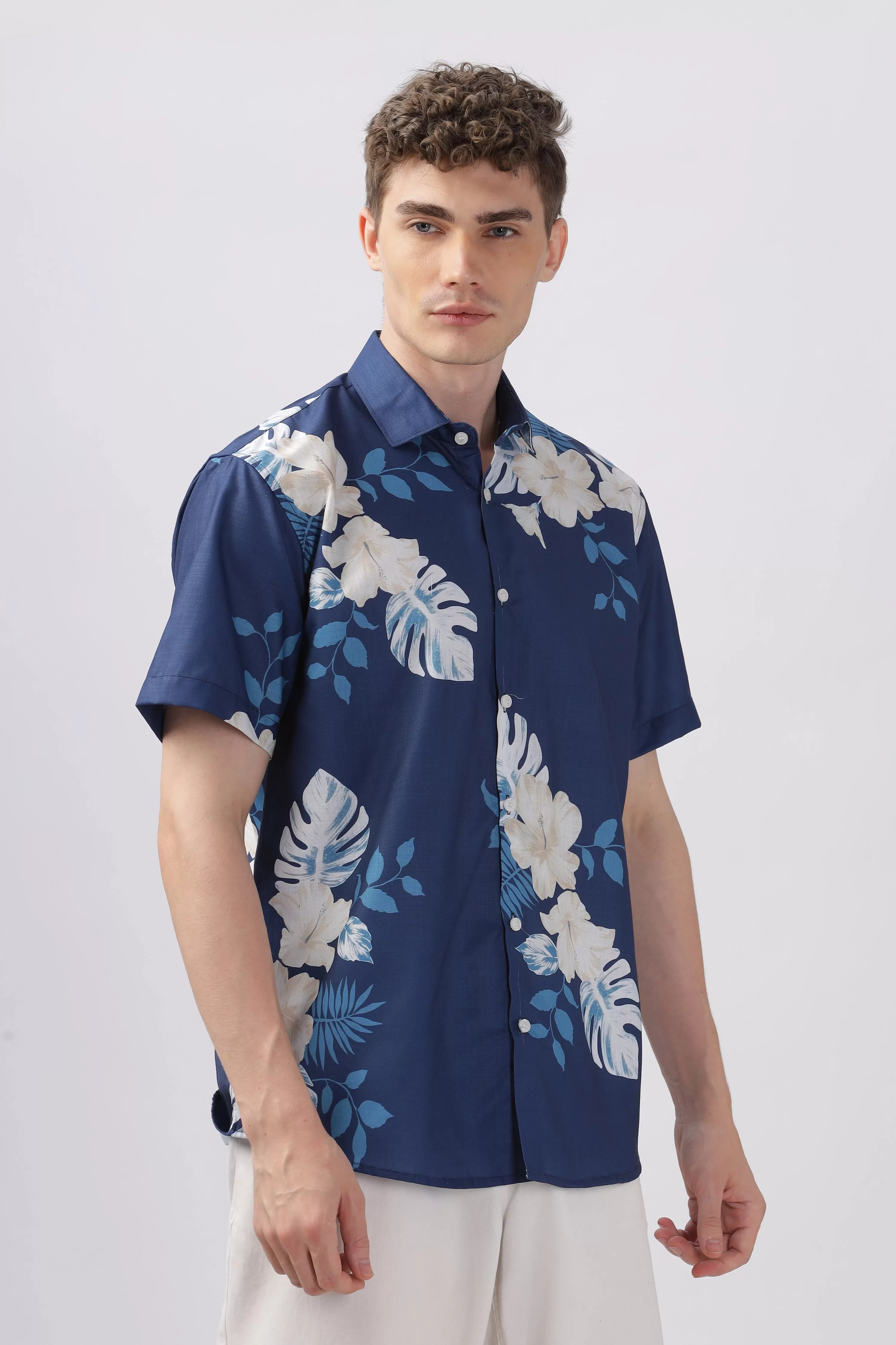 Blue with white leaves half sleeve printed shirt for men