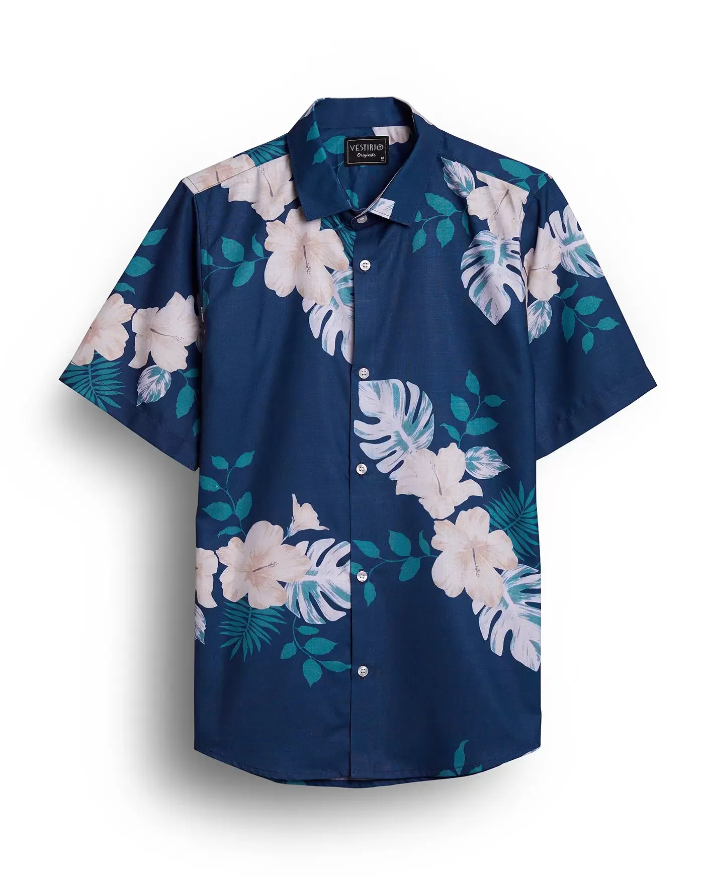 Blue with white leaves half sleeve printed shirt for men