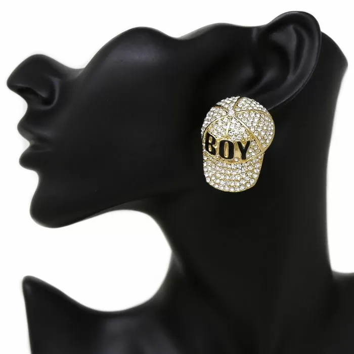 BOY Hat Glass Stone Pave Earrings