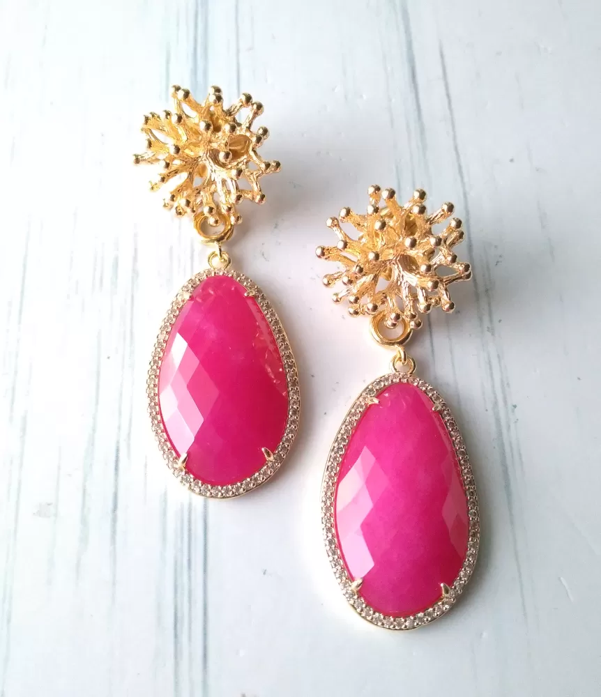 Branch Coral Brass Stud with Haloed Hot Pink Jade Earrings