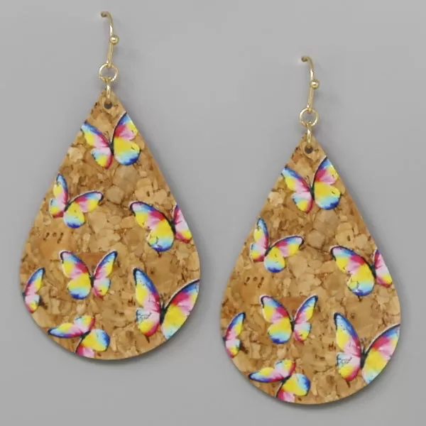 Butterfly Print Cork Teardrop Earrings