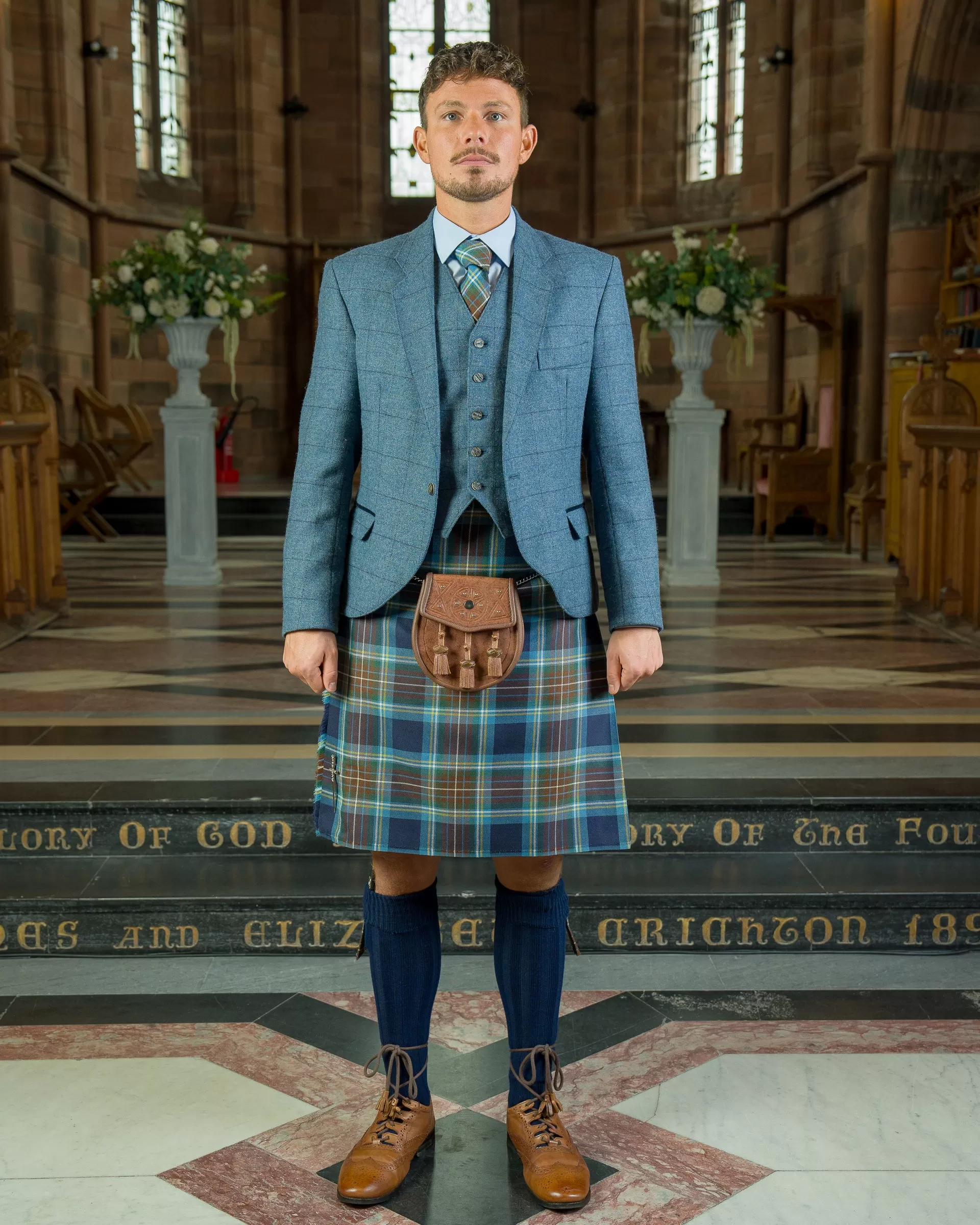 Cairngorm Blue tweed kilt hire outfit