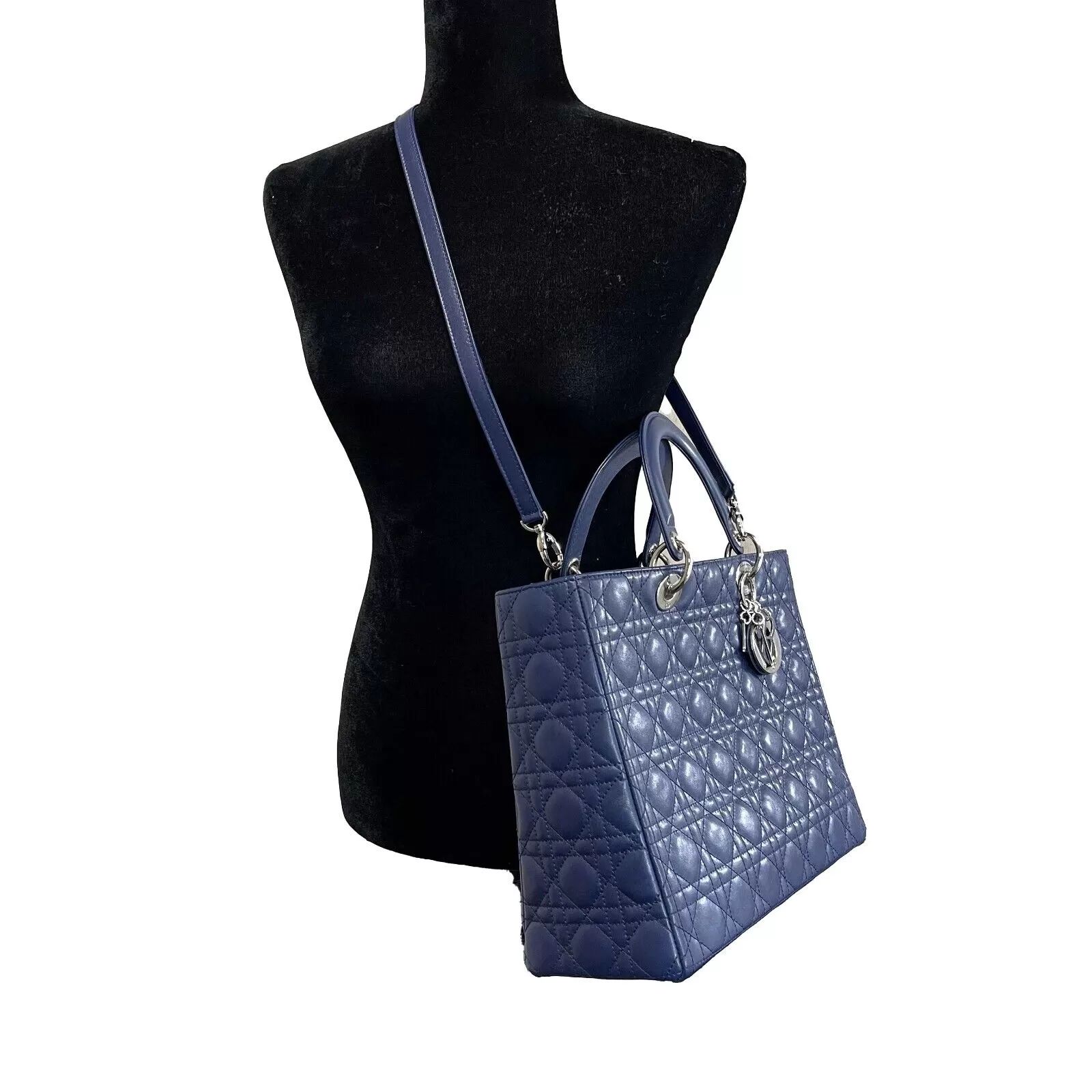 Christian Dior Lady Dior Lambskin Cannage Large Dark Blue Crossbody Bag