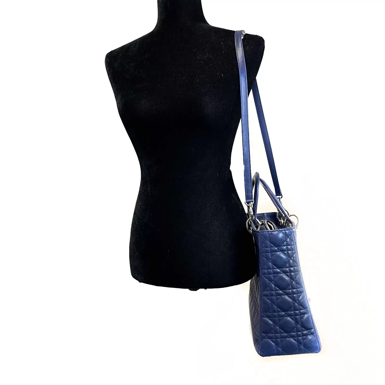 Christian Dior Lady Dior Lambskin Cannage Large Dark Blue Crossbody Bag