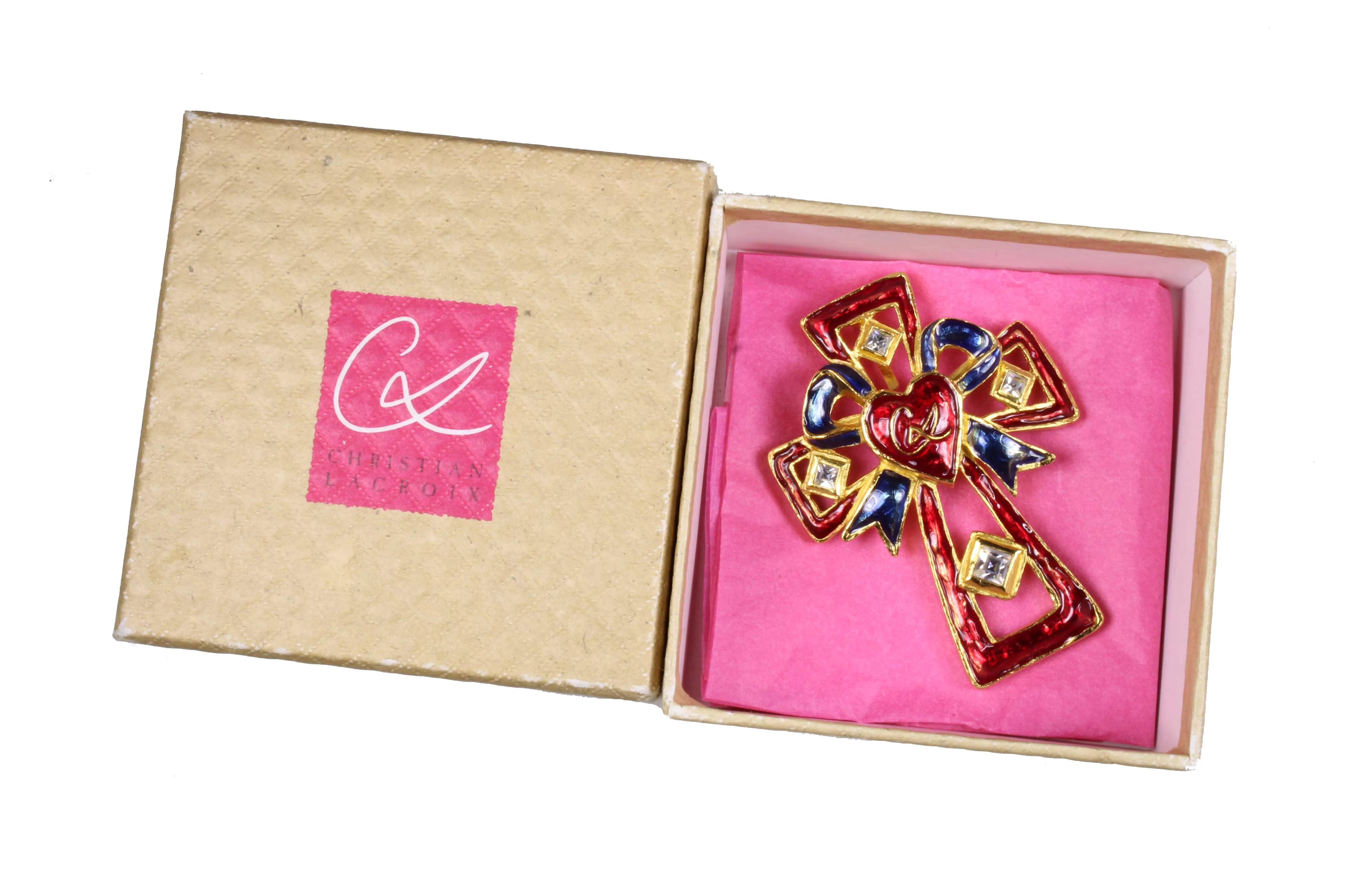 CHRISTIAN LACROIX enamel cross pendant brooch