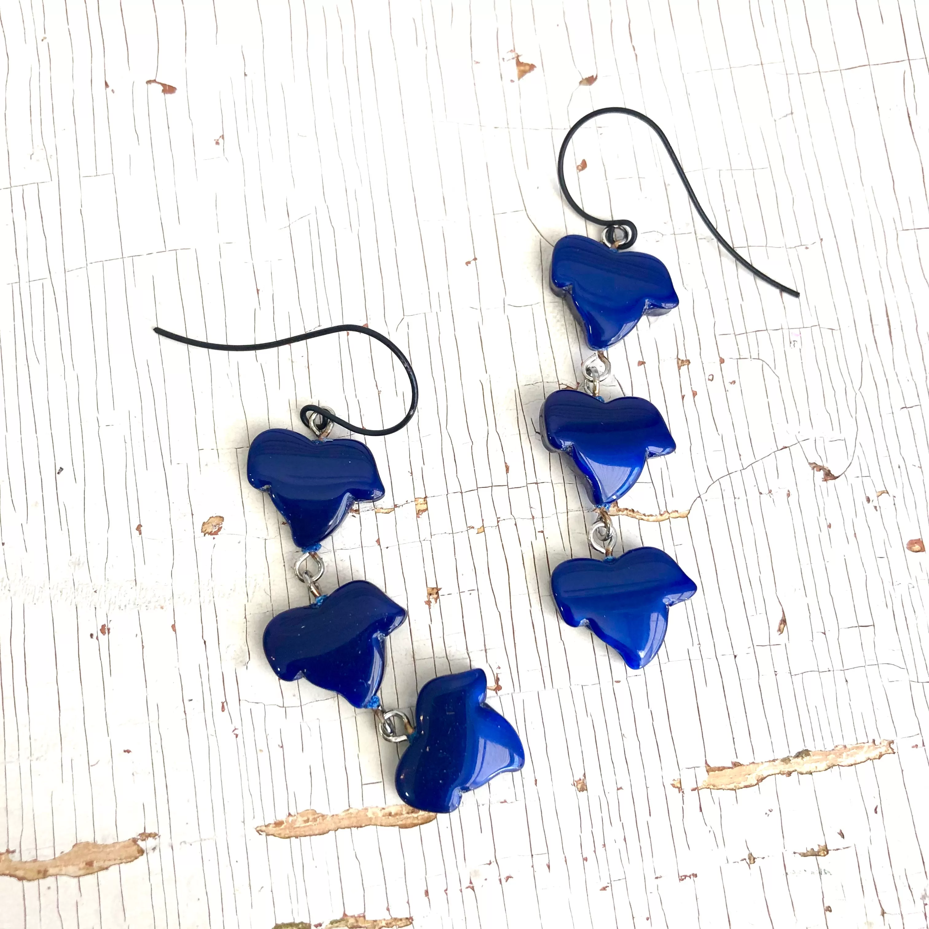 Cobalt Blue Moonglow Triple Leaf Drop Earrings