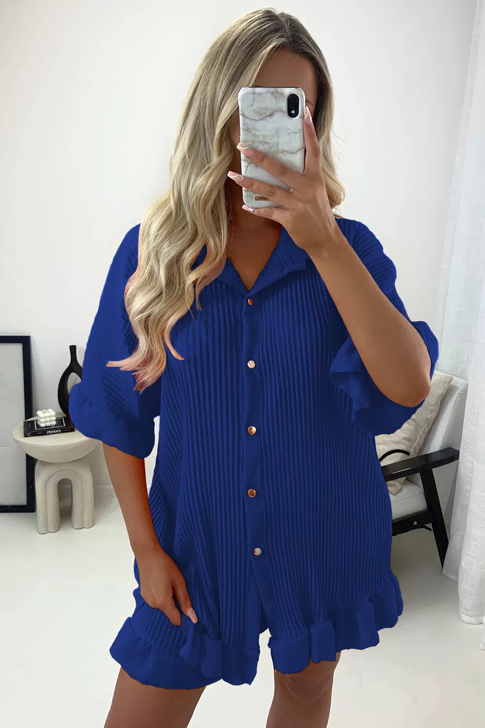 Colette Royal Blue Plisse Pleated Frill Hem Shirt and Shorts Co-Ord Set