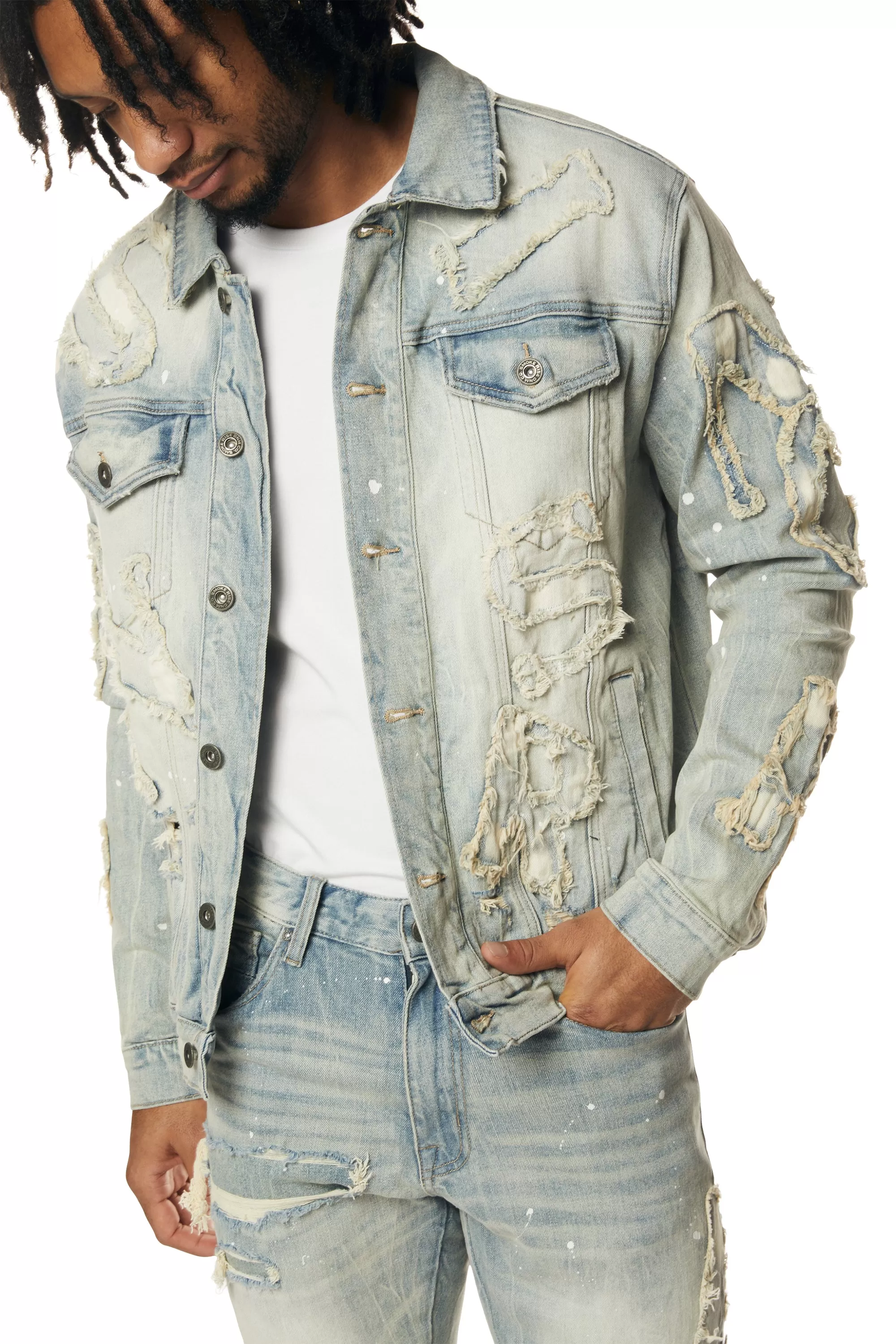 Cut & Sewn Rip Off Letter Applique Jean Jacket - Seville Blue