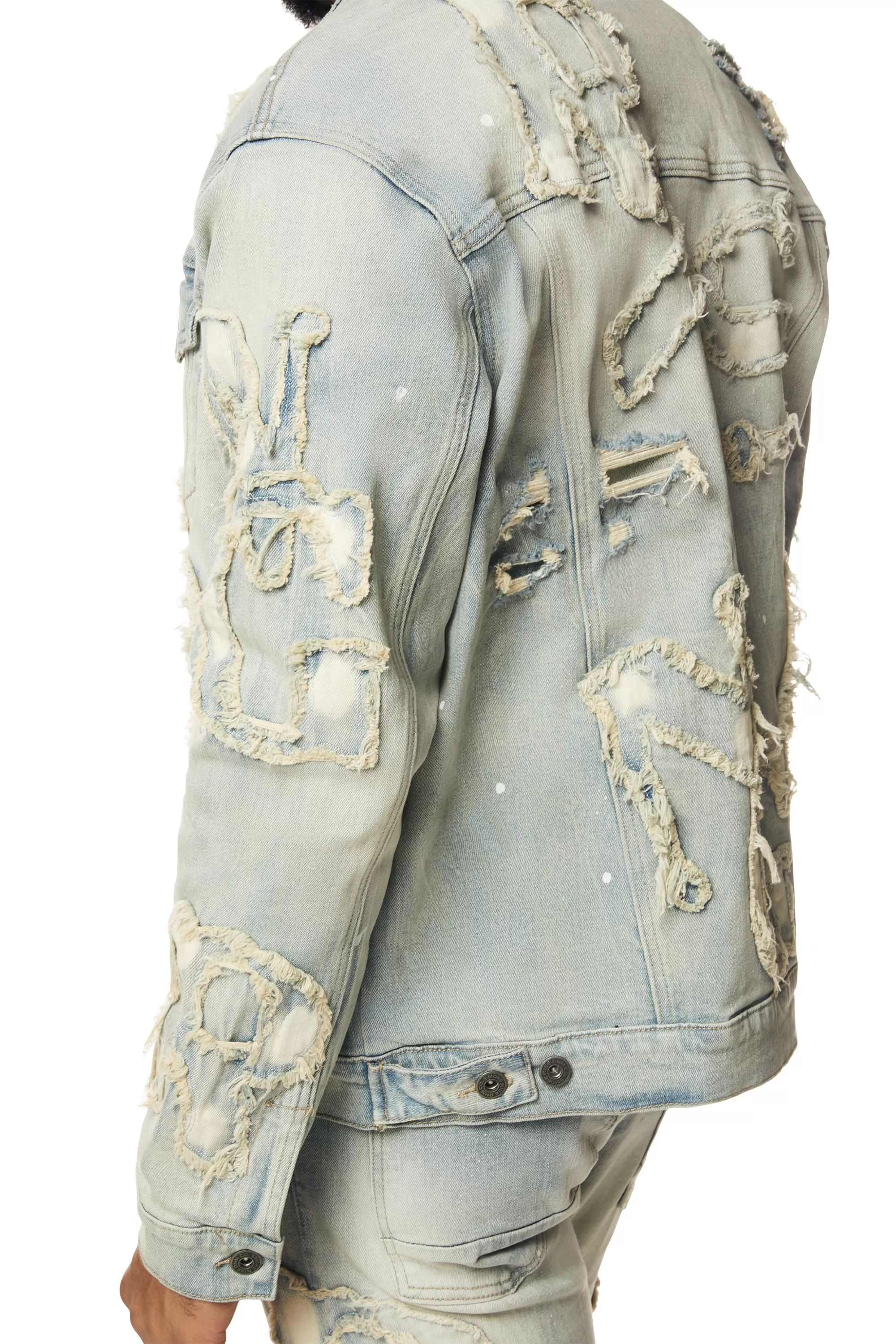 Cut & Sewn Rip Off Letter Applique Jean Jacket - Seville Blue