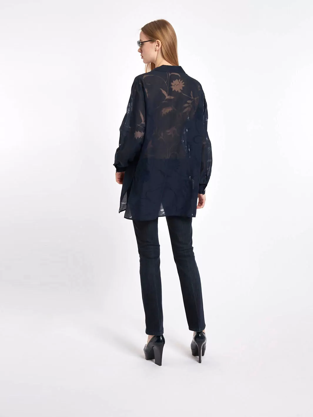 Dark blue 1990s long-sleeved Escada blouse, see through