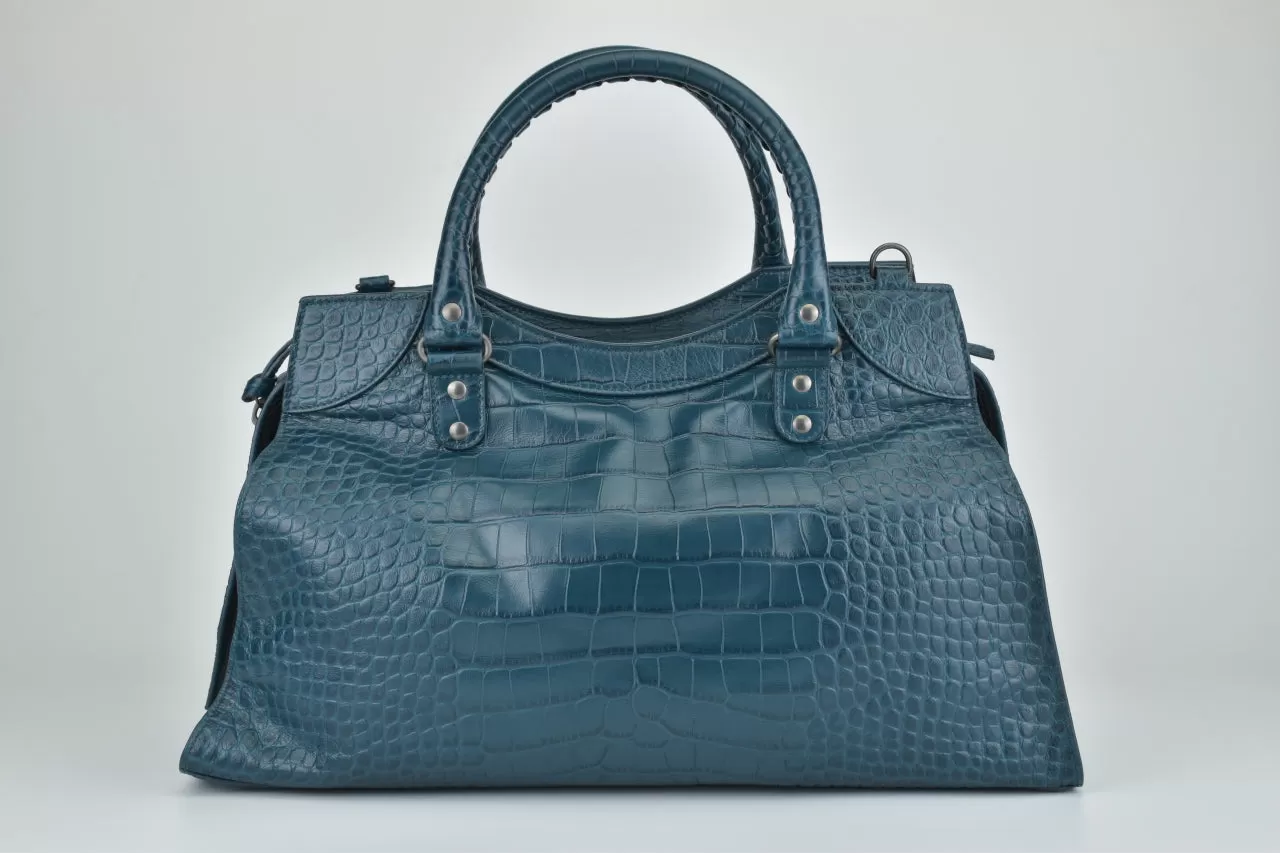 Dark Petrol Blue Calfskin Crocodile Embossed Neo Classic Silver Hardware Medium City