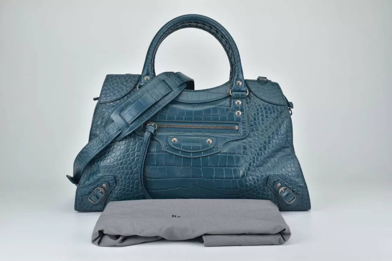 Dark Petrol Blue Calfskin Crocodile Embossed Neo Classic Silver Hardware Medium City