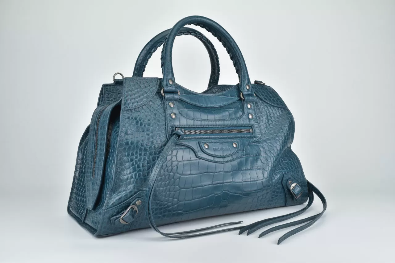 Dark Petrol Blue Calfskin Crocodile Embossed Neo Classic Silver Hardware Medium City