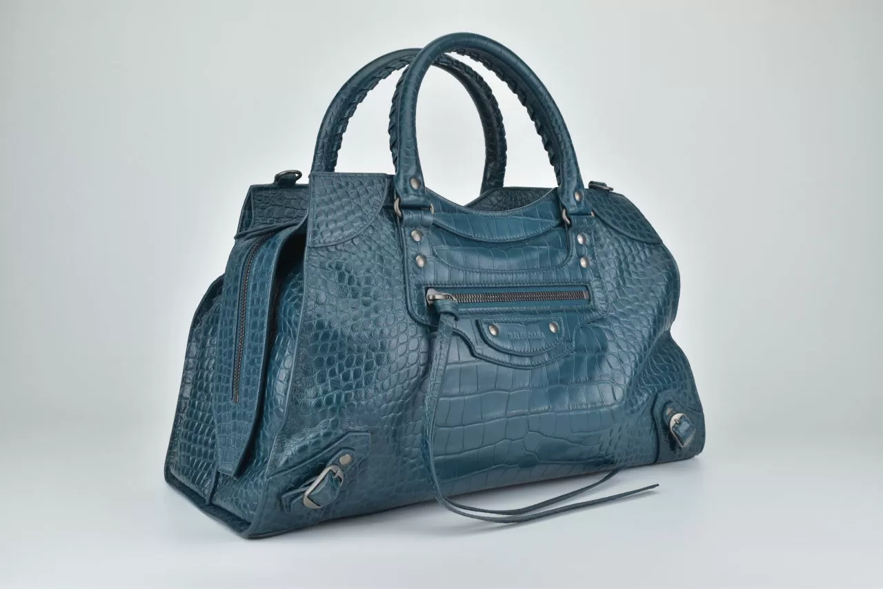 Dark Petrol Blue Calfskin Crocodile Embossed Neo Classic Silver Hardware Medium City