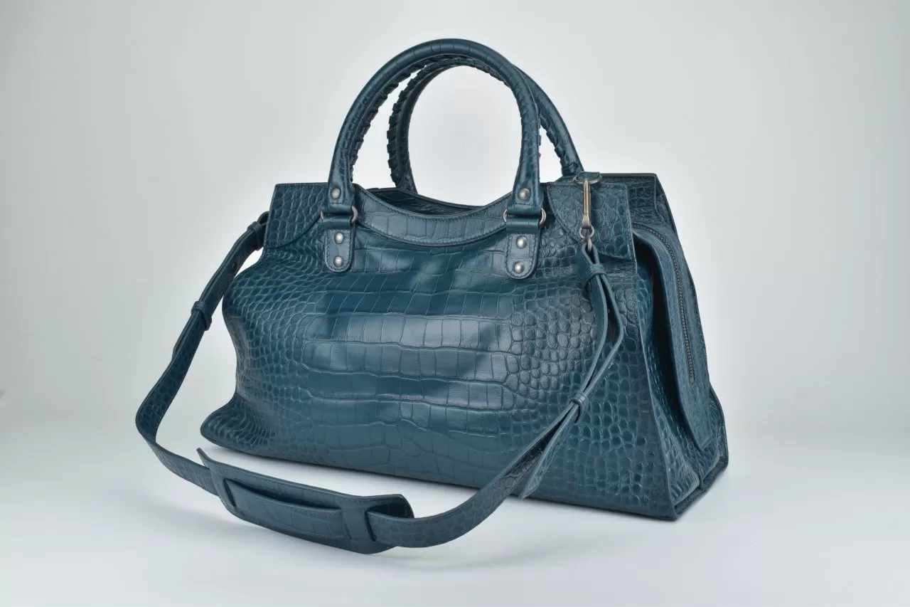 Dark Petrol Blue Calfskin Crocodile Embossed Neo Classic Silver Hardware Medium City