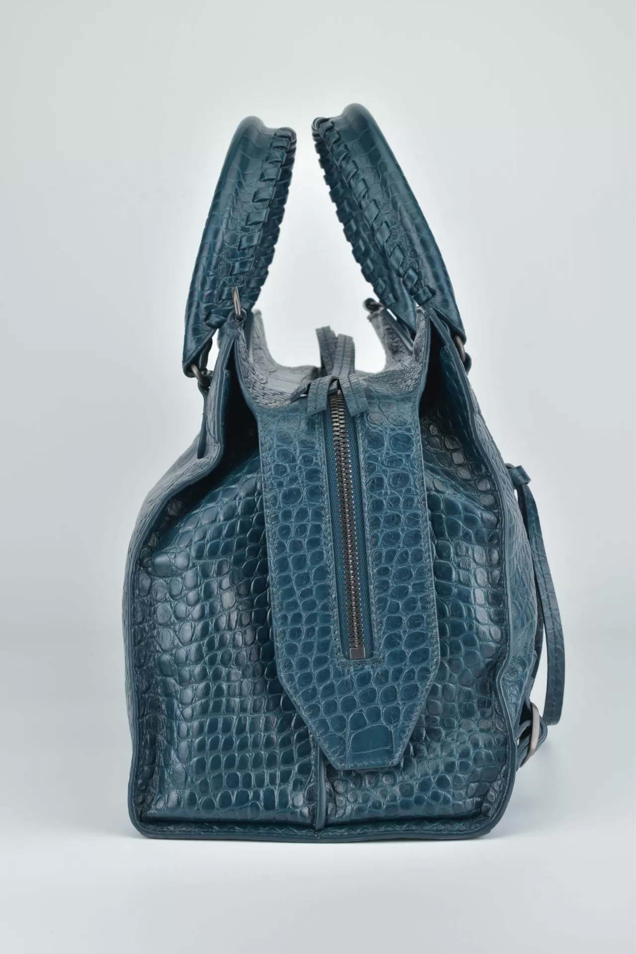 Dark Petrol Blue Calfskin Crocodile Embossed Neo Classic Silver Hardware Medium City