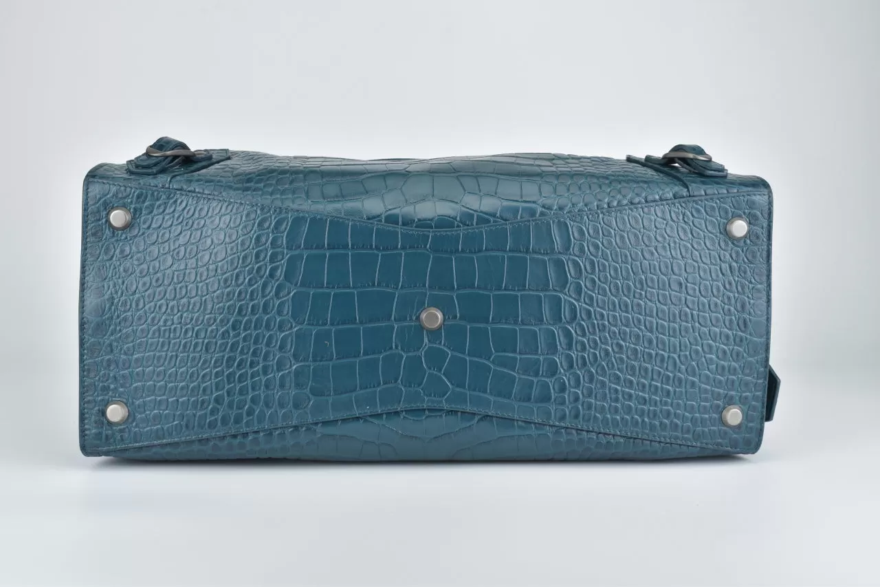 Dark Petrol Blue Calfskin Crocodile Embossed Neo Classic Silver Hardware Medium City