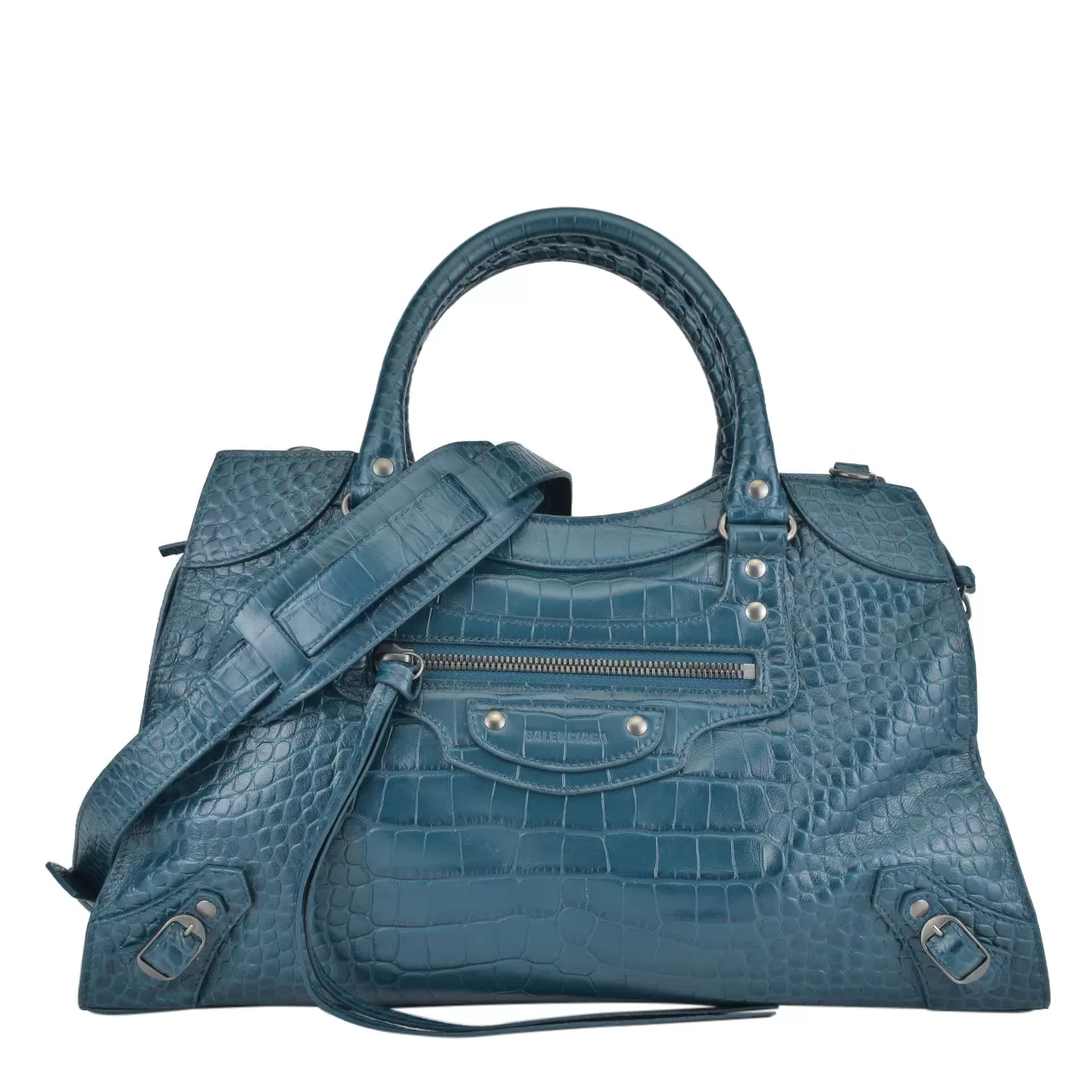 Dark Petrol Blue Calfskin Crocodile Embossed Neo Classic Silver Hardware Medium City