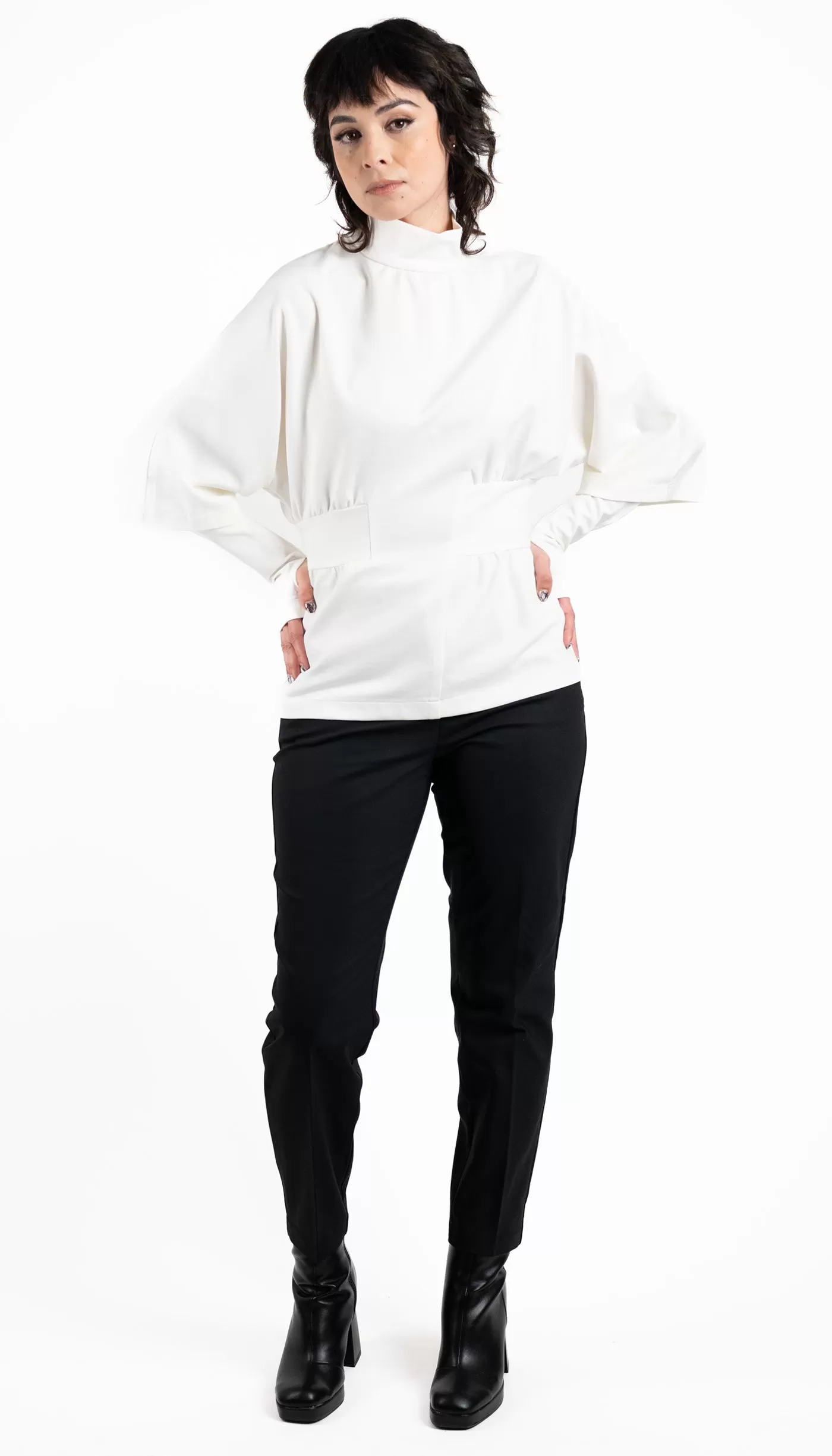 Dolman Sleeve Funnel Neck Knit Top w/Detachable Sleeve cuffs / Ivory